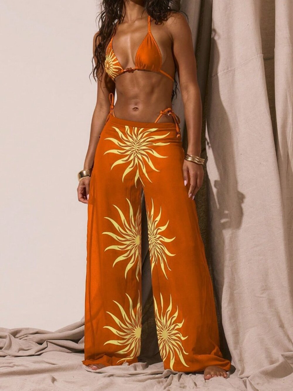 Burnt Orange Boho Women's Resort Graphic Sun Print Cover-Up Beach Pants